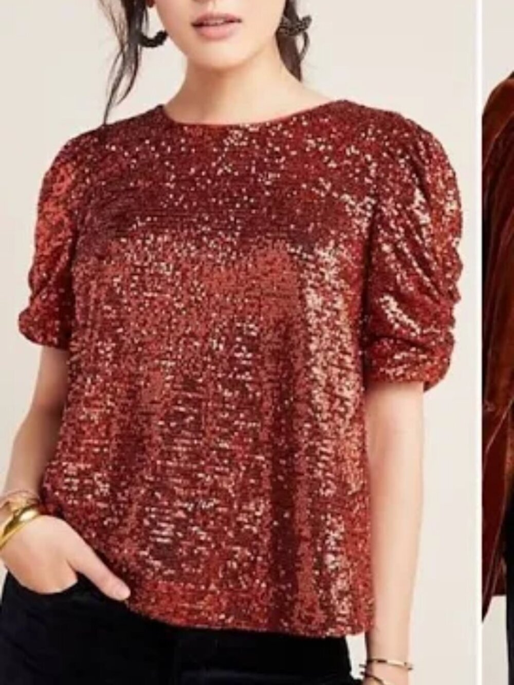 Anthropologie Marie Top Sequin Short Puff Sleeve Shirt Pullover Blouse Red 4